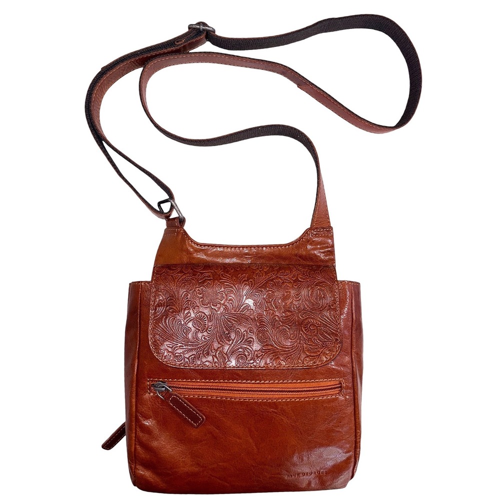 Jack Georges Crossbody Bag Women Leather Floral Embossed Brown Cognac OS